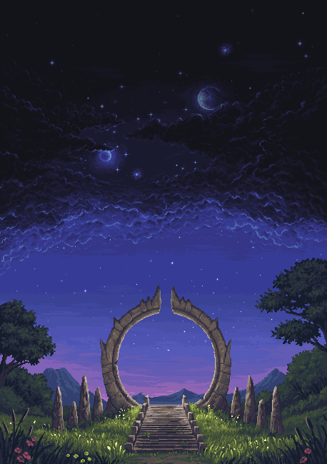 A stone waygate portal beneath an aurora night sky